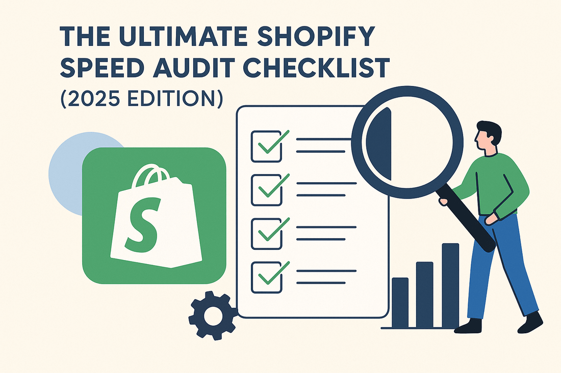 Flat digital illustration of a Shopify speed audit checklist with performance graphs, stopwatch, and optimization tools – PageSpeed Ninjas