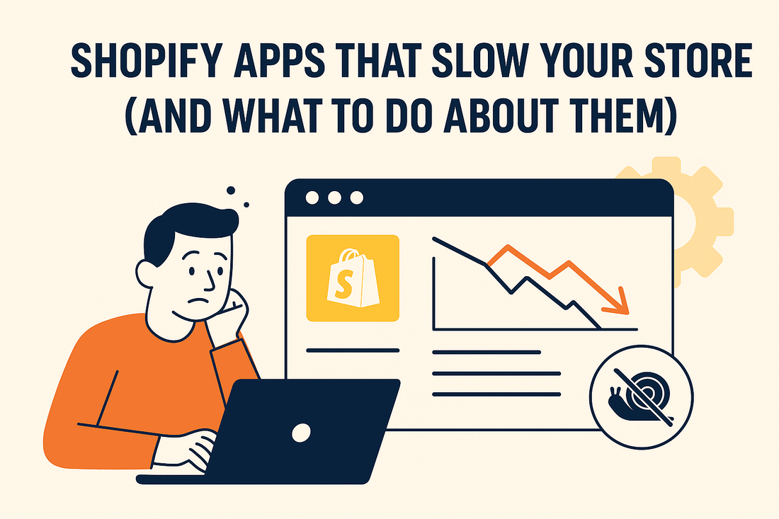 Flat digital illustration of Shopify speed optimization with laptop, graphs, and progress icons.