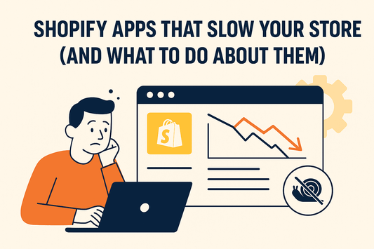 Flat digital illustration of Shopify speed optimization with laptop, graphs, and progress icons.